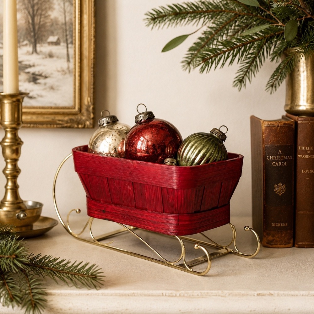 Vintage‎ Christmas Sleigh Basket Red Woven Holiday Decor Gold Sleigh Centerpiece